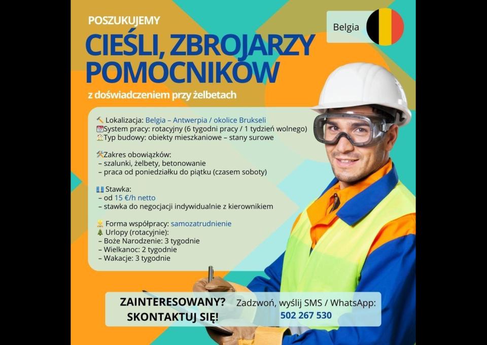 Cieśla, zbrojarz, pomocnik – żelbety – Belgia